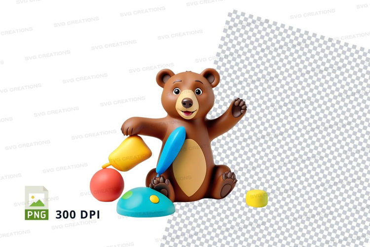 Cute teddy bear playing with colorful building blocks on whi