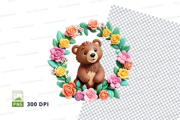 Cute teddy bear floral wreath clipart transparent PNG high q