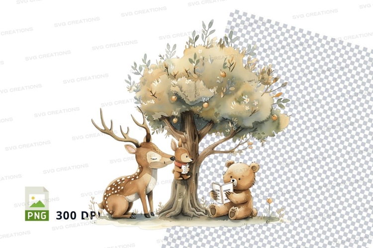 Deer family under winter tree clipart png transparent
