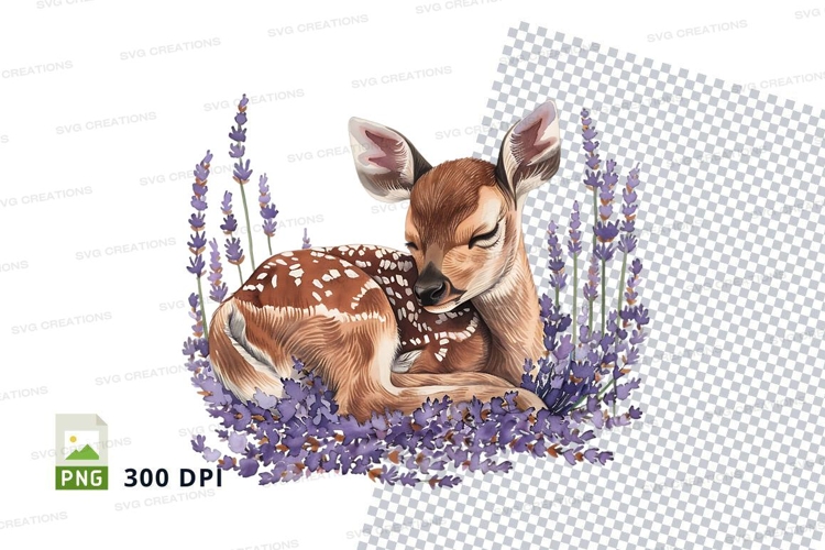 Cute deer fawn resting in lavender field clipart png