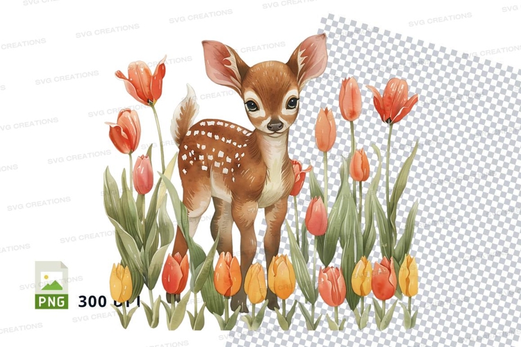 Cute fawn deer in tulip flower field clipart illustration