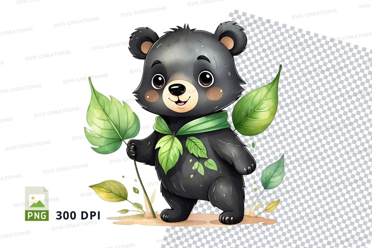 Cute black cartoon bear holding green leaves clipart png