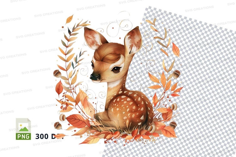 Cute fawn deer clipart sitting autumn leaves watercolor illu