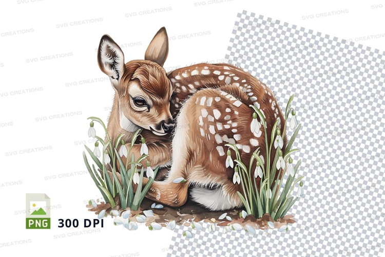 Baby deer fawn resting in spring snowdrops meadow clipart