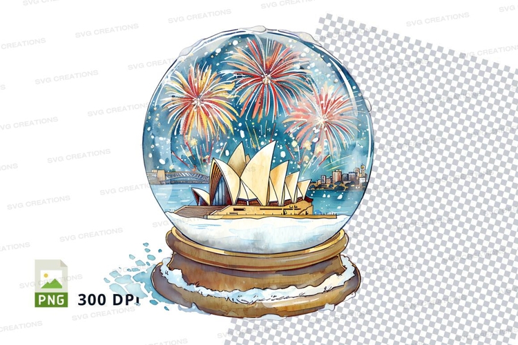 Snow globe with tropical beach and fireworks clipart png