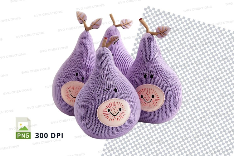 Cute knitted purple pear clipart set with happy faces and wi