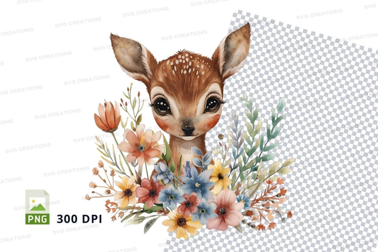 Cute deer clipart with floral wreath watercolor illustration