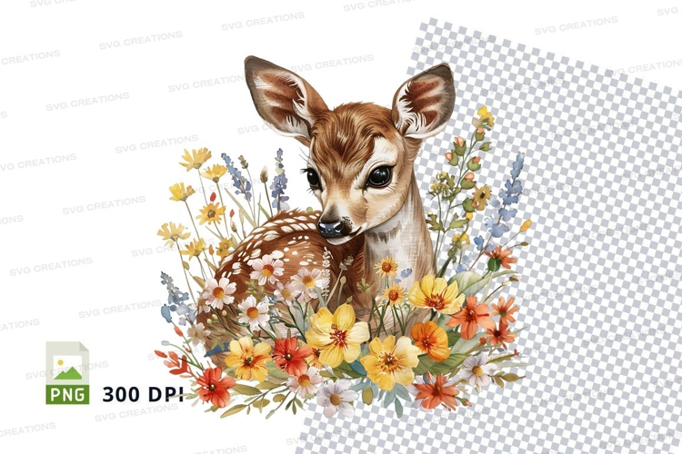 Cute fawn deer clipart with wildflower wreath spring illustr