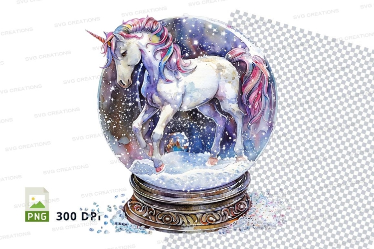 Magical unicorn clipart in snow globe fantasy scene