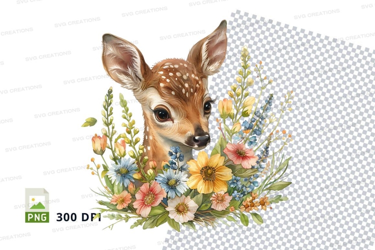 Cute deer fawn with wildflower wreath clipart PNG