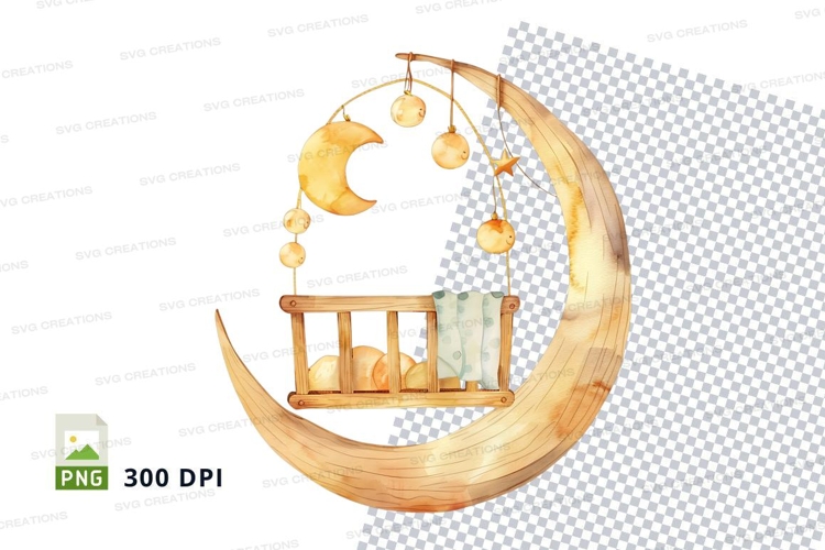 Wooden swing in crescent moon night sky clipart png