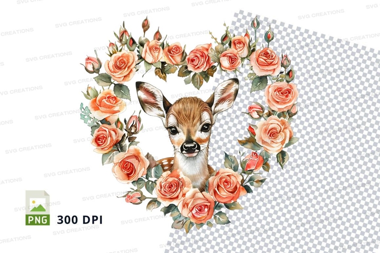 Cute deer head floral wreath clipart transparent PNG