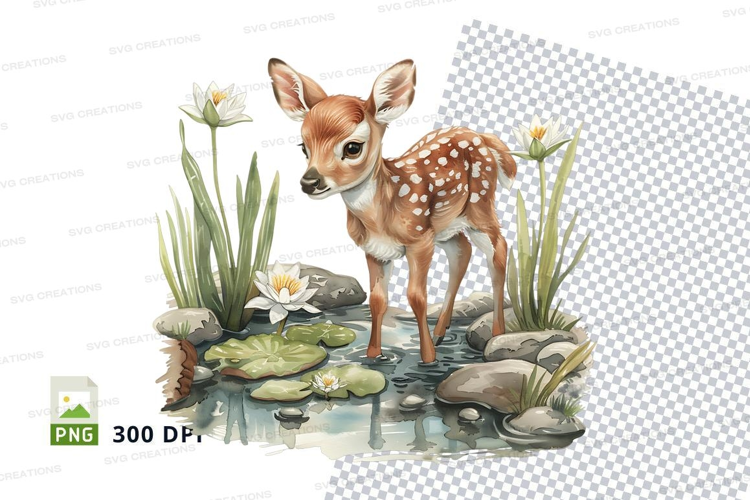 Baby deer fawn standing by water lilies in spring meadow cli