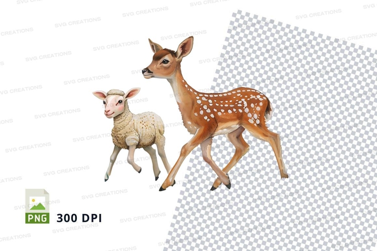 Mother deer and fawn walking in snowy forest clipart