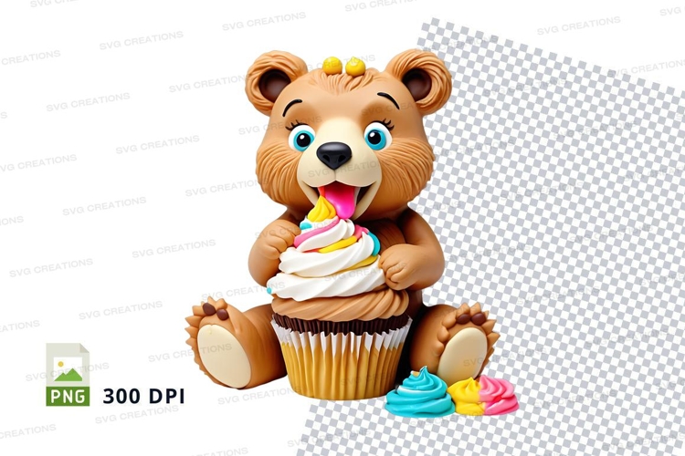 Cute teddy bear eating birthday cupcake with sprinkles clipa