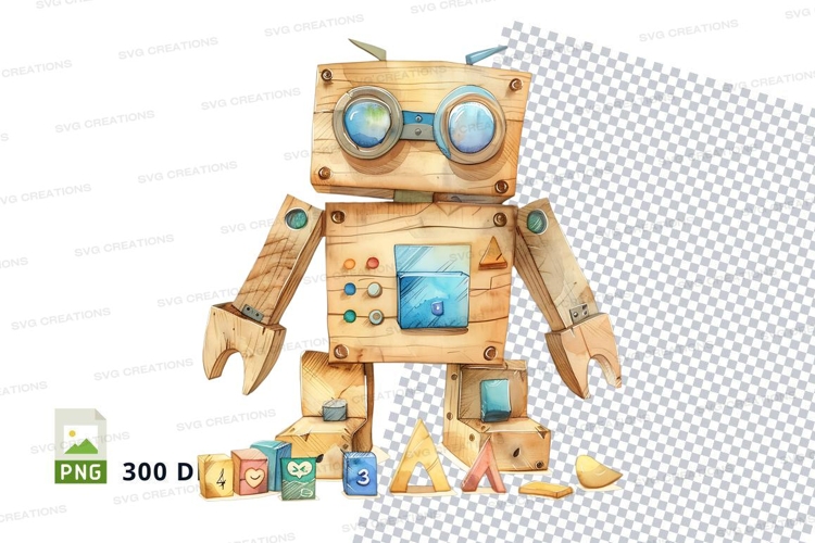 Cute wooden robot clipart 3D PNG isolated on white backgroun