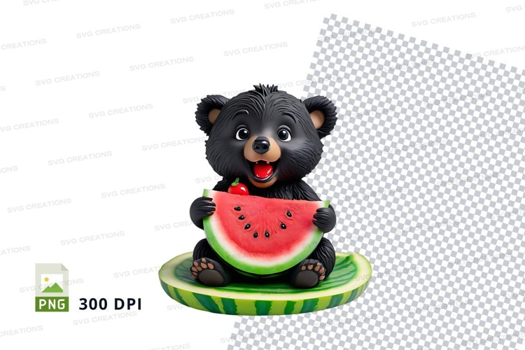 Cute black teddy bear holding watermelon slice clipart png