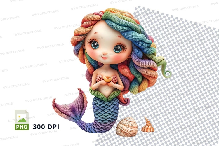 Colorful mermaid clipart holding seashell, fantasy digital a
