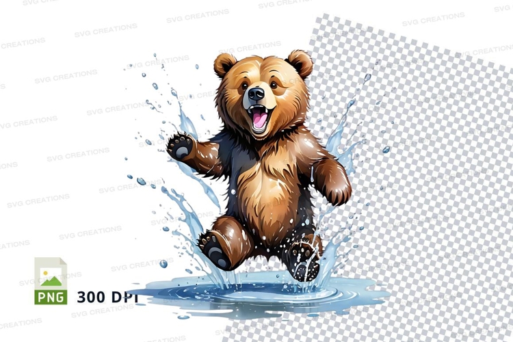 Cartoon brown bear splashing joyfully in water clipart PNG
