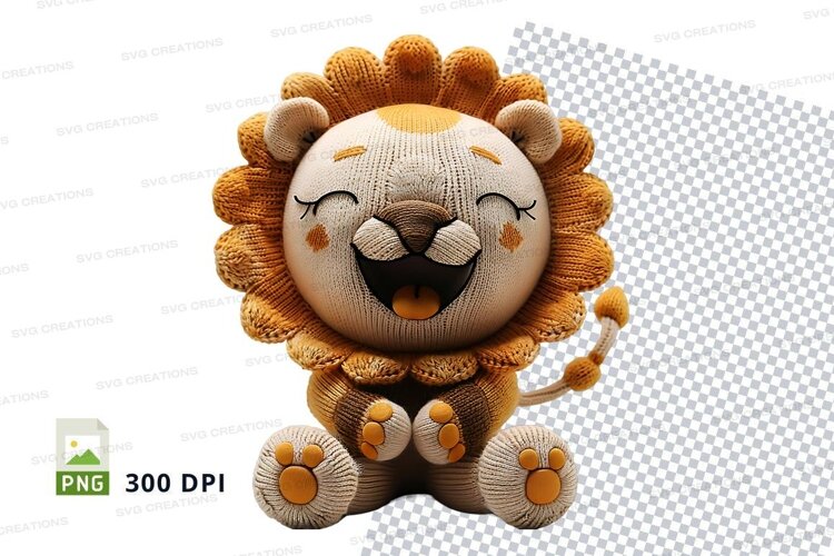 Cute knitted lion toy smiling isolated on white background example image 1