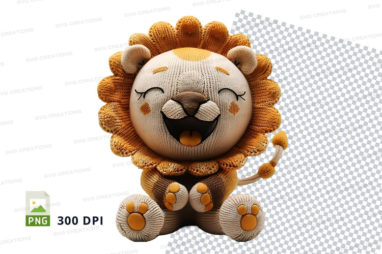 Cute knitted lion toy smiling isolated on white background