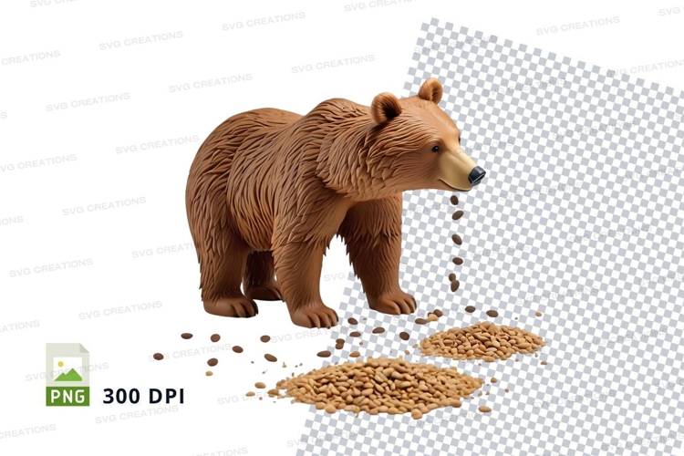 Brown bear eating nuts in snowy forest clipart PNG