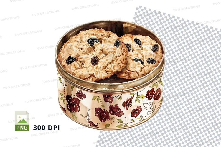 Homemade chocolate chip cookies in floral tin can example image 1