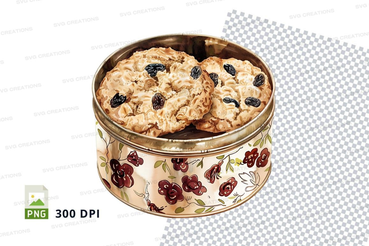 Homemade chocolate chip cookies in floral tin can
