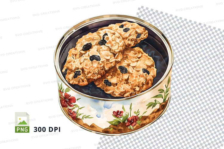 Homemade oatmeal raisin cookies in floral tin can