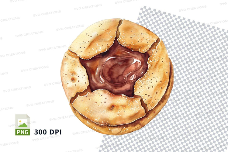 Fresh chocolate chip cookie cut open on white cloth 300 DPI
