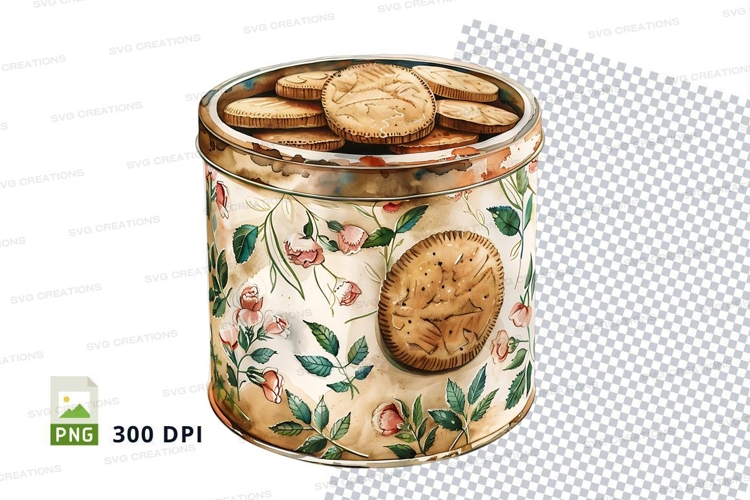 Vintage cookie tin with floral design and cookies on checker
