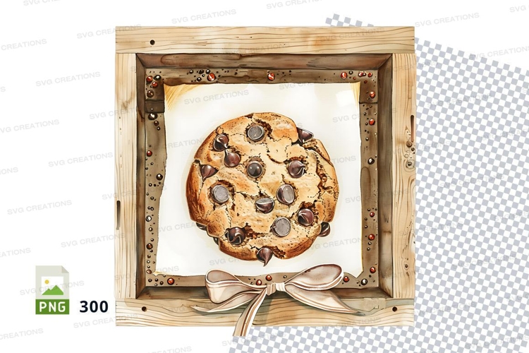Chocolate chip cookie in wooden frame clipart PNG