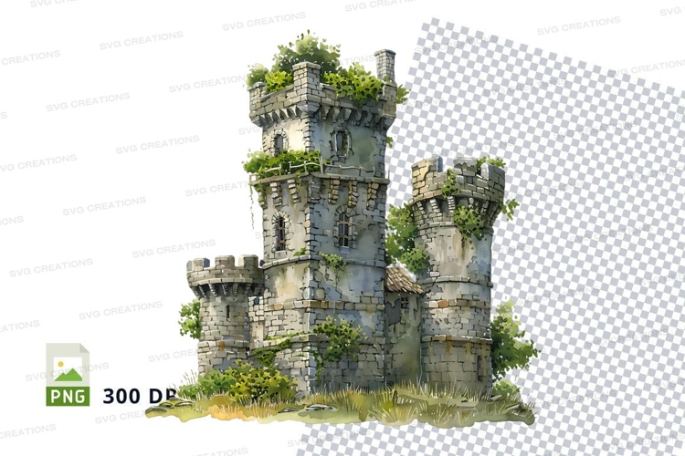 Ancient stone tower ruins with greenery isolated clipart png