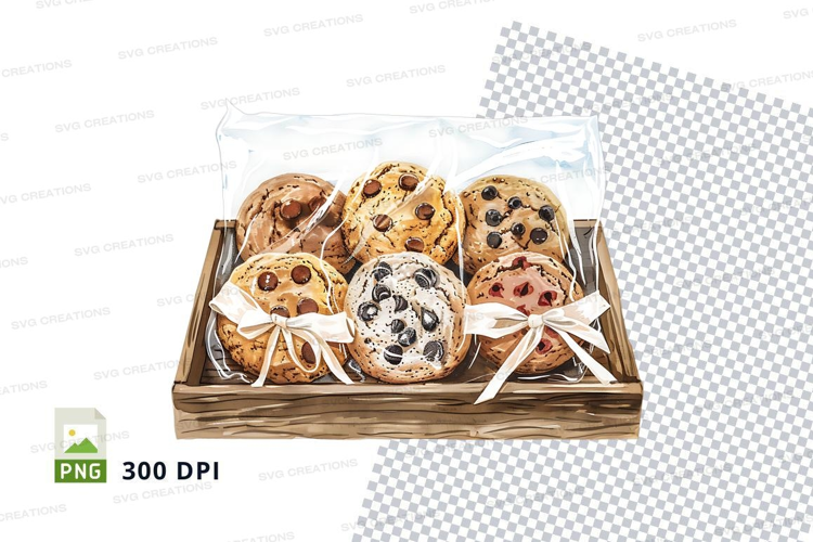 Homemade chocolate chip cookies in rustic wooden tray clipar