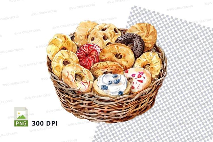 Colorful donuts basket clipart transparent PNG high detail