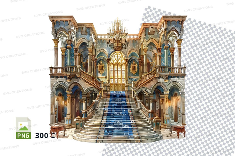 Grand palace hall clipart golden ornate staircase illustrati