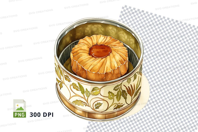 Golden baked cake in decorative tin clipart PNG
