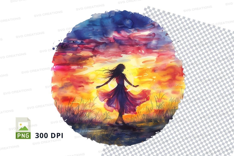 Woman Dancing Silhouette Sunset Field Watercolor Art Clipart