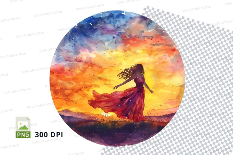 Woman dancing sunset silhouette clipart transparent PNG