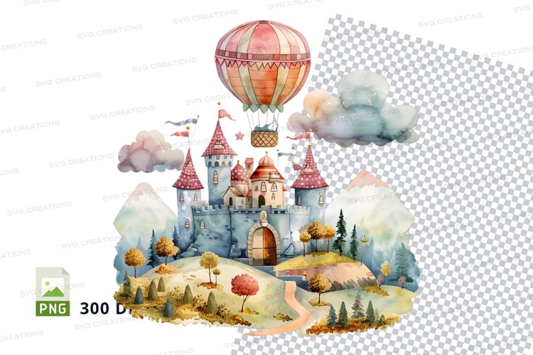 Fairytale castle hot air balloon clipart fantasy illustratio