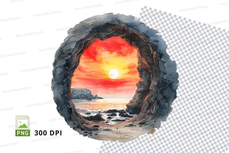 Sunset landscape clipart through rocky frame png