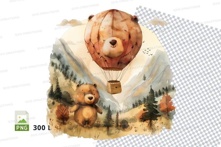 Cute bear family in hot air balloon clipart png