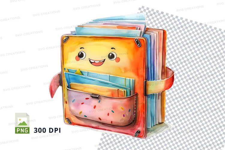 Cute smiling backpack clipart PNG isolated school supply