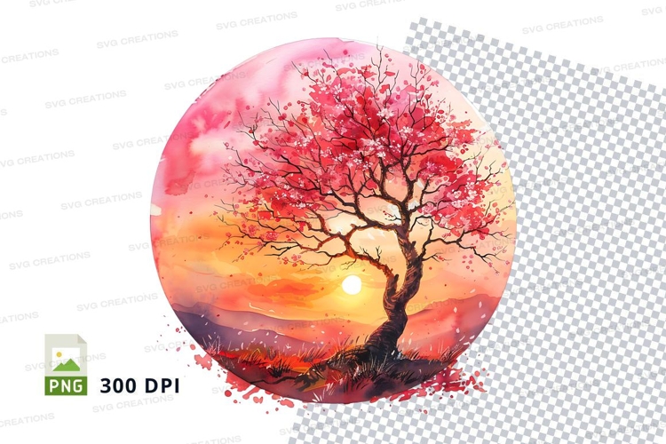 Pink cherry blossom tree sunset clipart transparent PNG