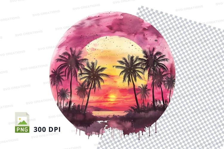 Tropical sunset palm trees clipart watercolor PNG