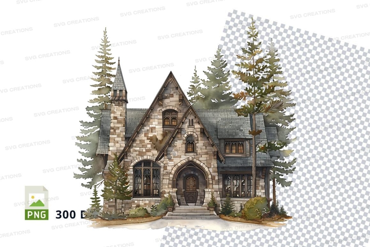 Cozy mountain lodge clipart in snowy forest scene PNG