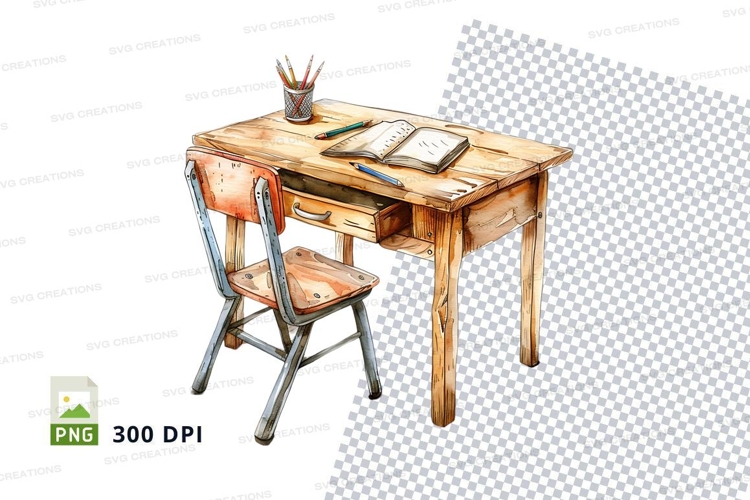 Wooden desk with chair and stationery clipart png