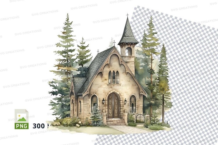 Charming church clipart in snowy forest landscape illustrati