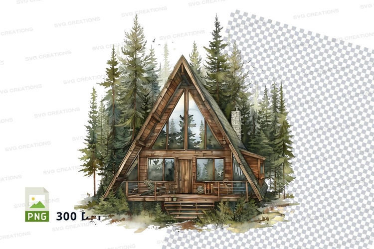 Cozy wooden A-frame cabin in snowy mountain forest clipart P