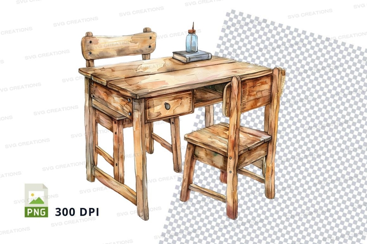 Rustic wooden desk with candle and chair clipart PNG